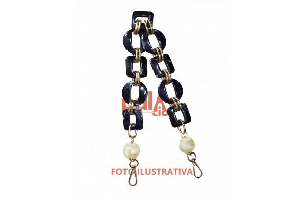 ALCA DE BOLSA CORRENTE C/ELOS BEGE/PRETO 50CM