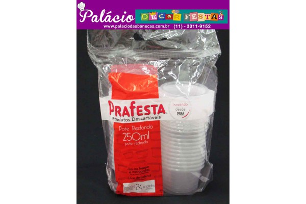 POTE PLASTICO PRAFESTA 250ML REDONDO COM TAMPA COM 24UNIDADES